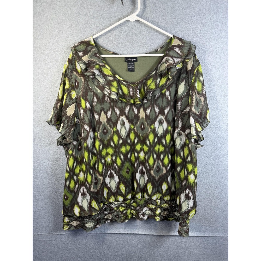 Lane Bryant Blouse Womens 26/28W Green Geometric Ruffle Flutter Sleeve Lined Top